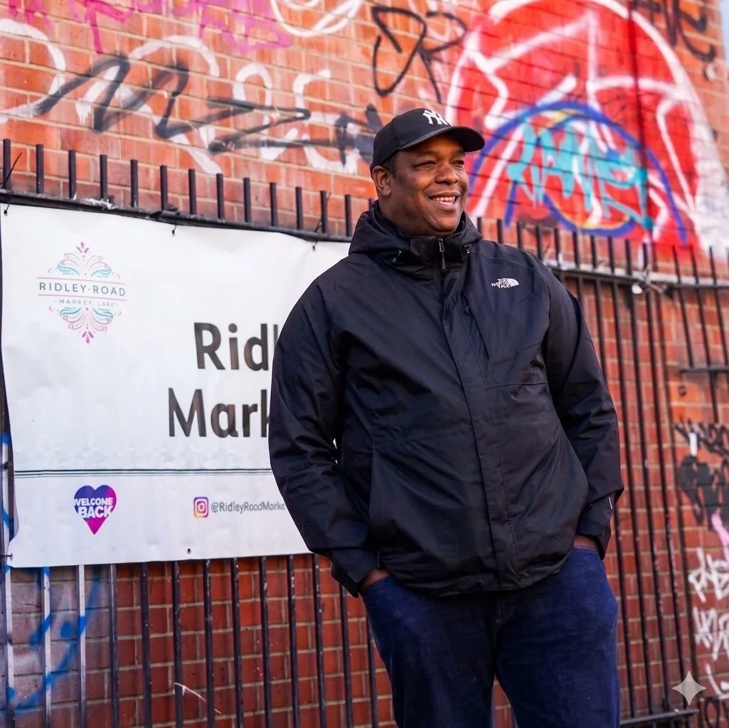 DJ Franco smiling outside Ridley Road Market